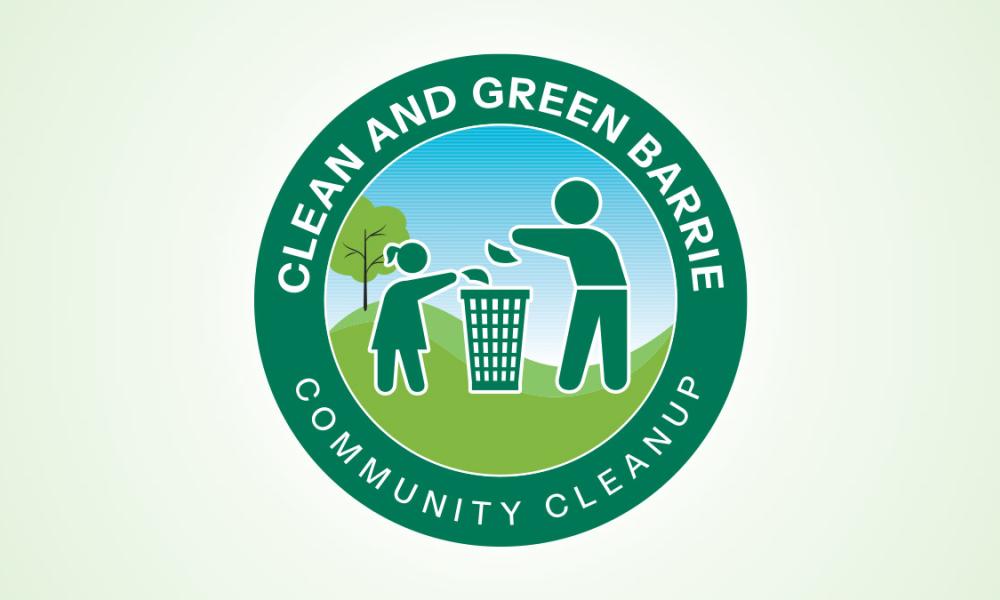 Logo for Clean and Green Barrie Community Cleanup, featuring two stylized figures, one placing trash into a bin and the other holding a trash bag, enclosed in a circular green and blue design.