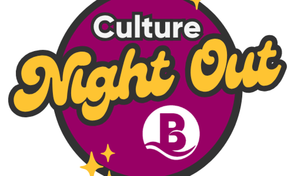 Culture Night Out logo - white and yellow text on purple circle 