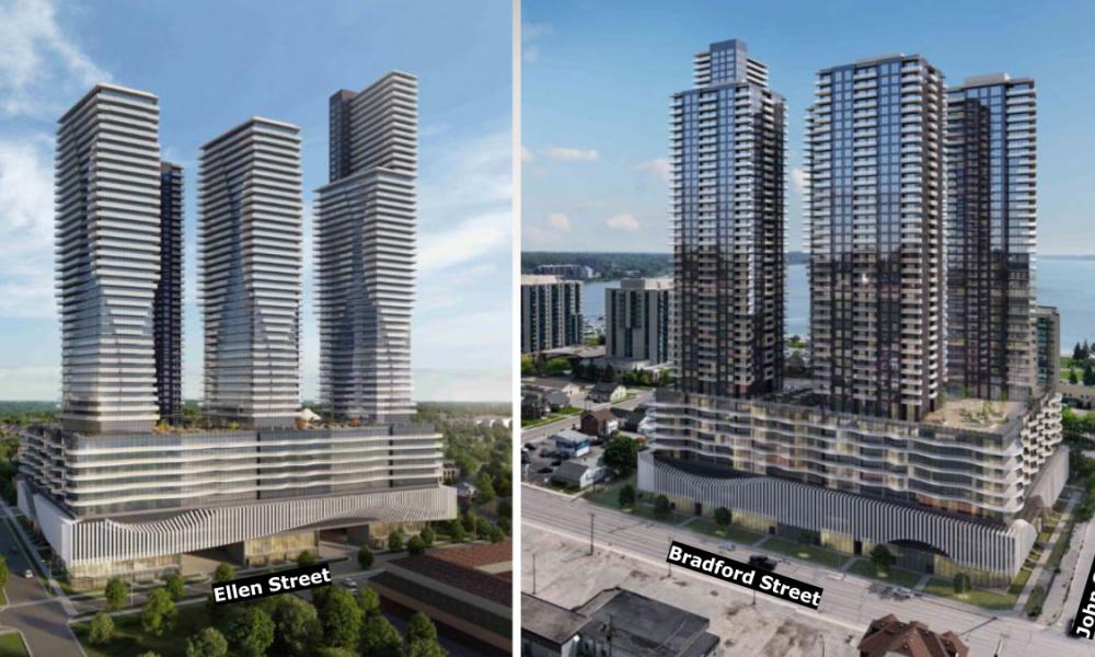 Drawing showing five towers ranging in height from 45 to 55 storeys on a 10-storey podium