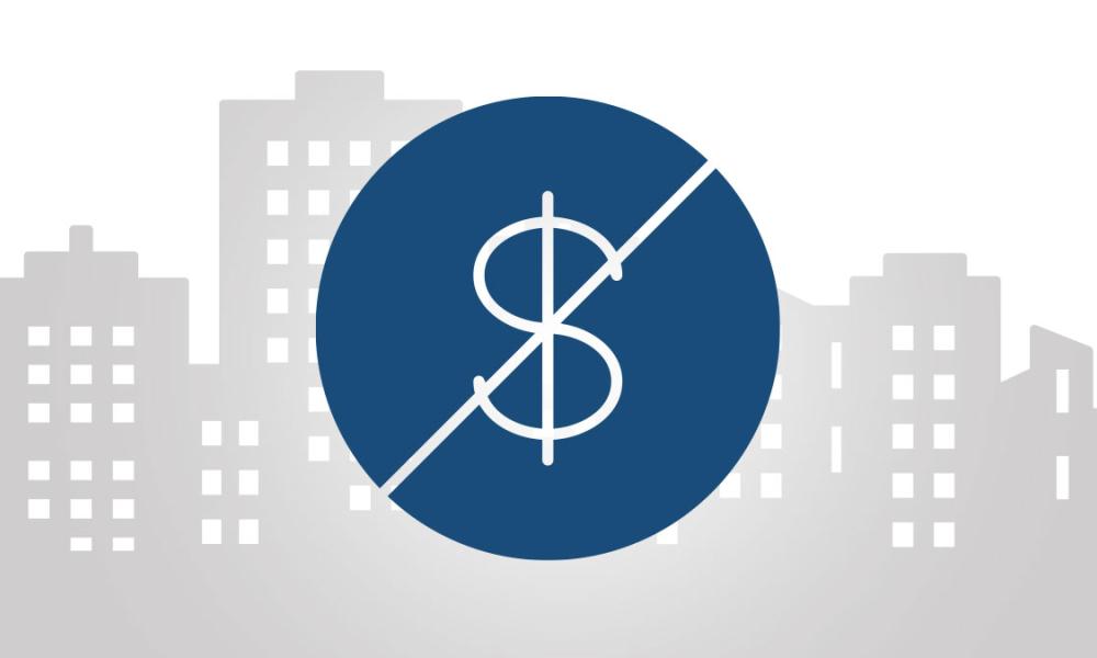 A graphic showing a city skyline silhouette with a blue circle overlay, divided by a diagonal line, and containing a white dollar sign in the center.