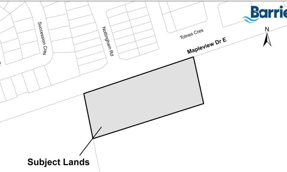 Map showing a rectangular area labeled "Subject Lands" along Mapleview Drive East in Barrie.