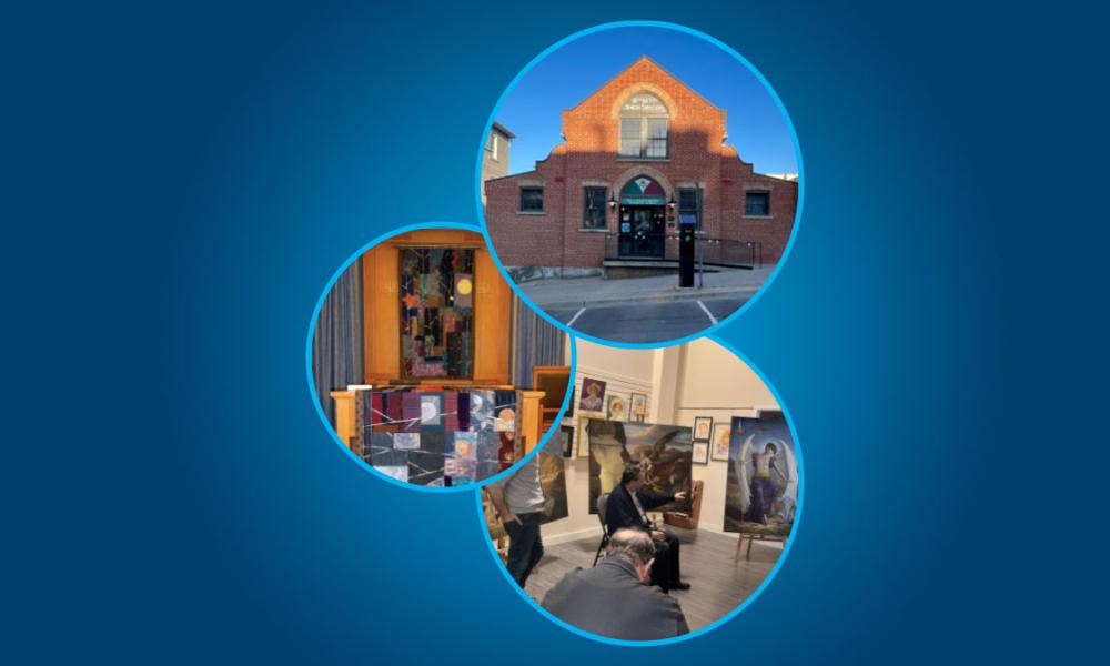 Three circular images depict a brick building, an art display, and people interacting in an art setting.