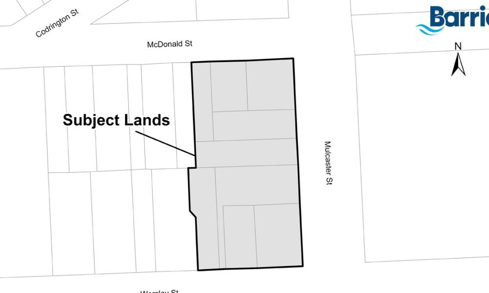Map showing outlined subject lands at the intersection of McDonald St & Mulcaster St.