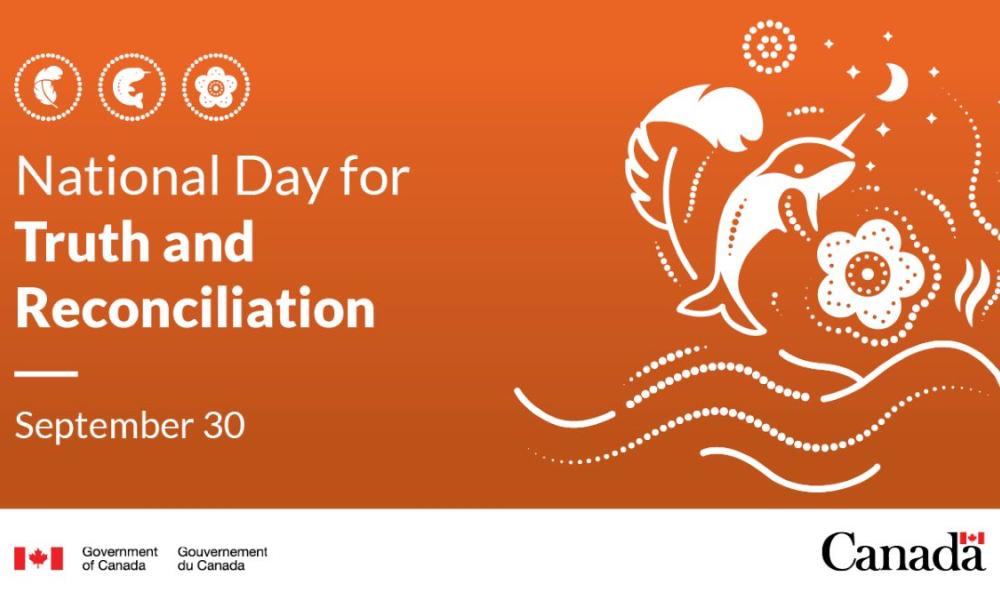 Orange background with floral and water motifs, text for National Day for Truth and Reconciliation.